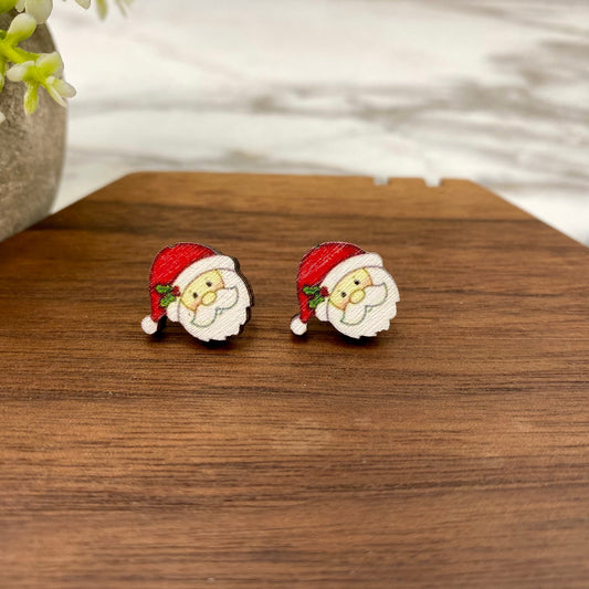 Wooden Stud Earrings - Christmas - Santa #2