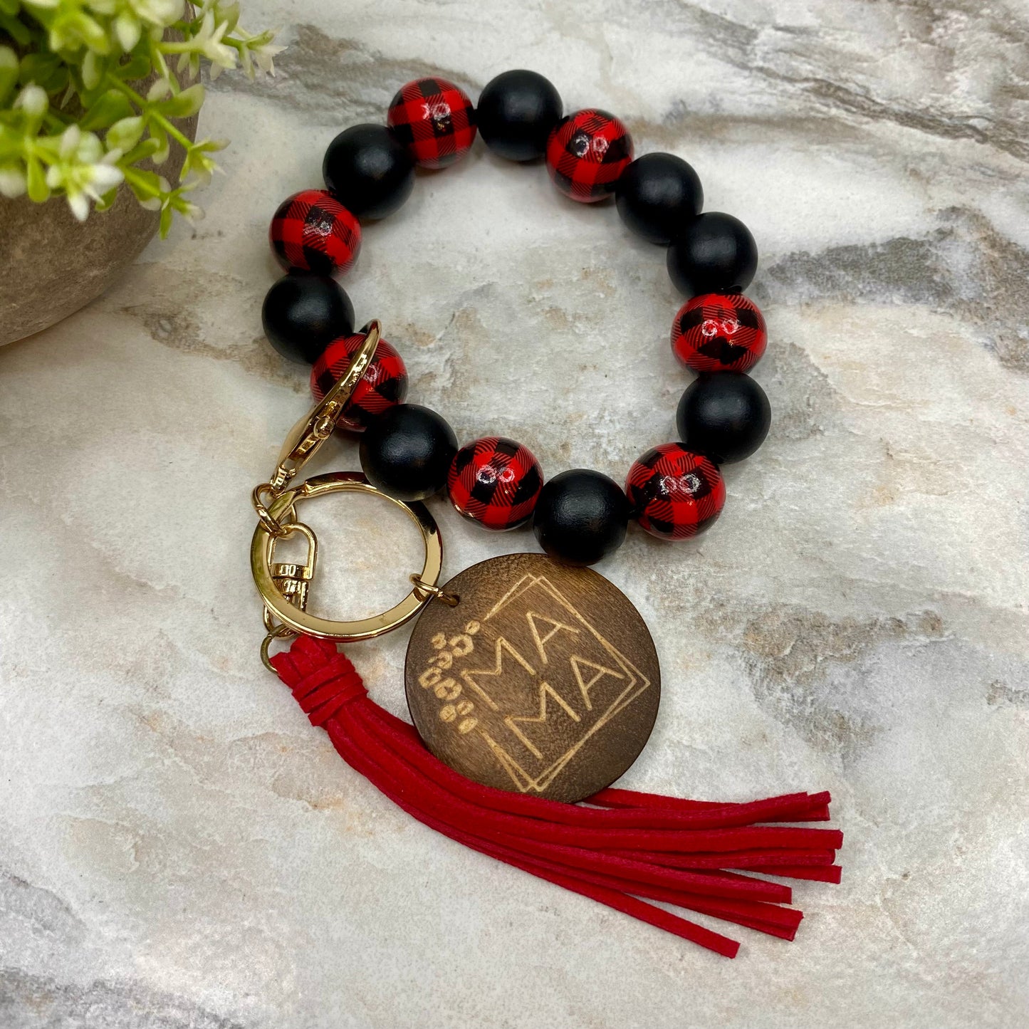 Wooden Bead Bracelet Keychain - Mama - Red Black Plaid