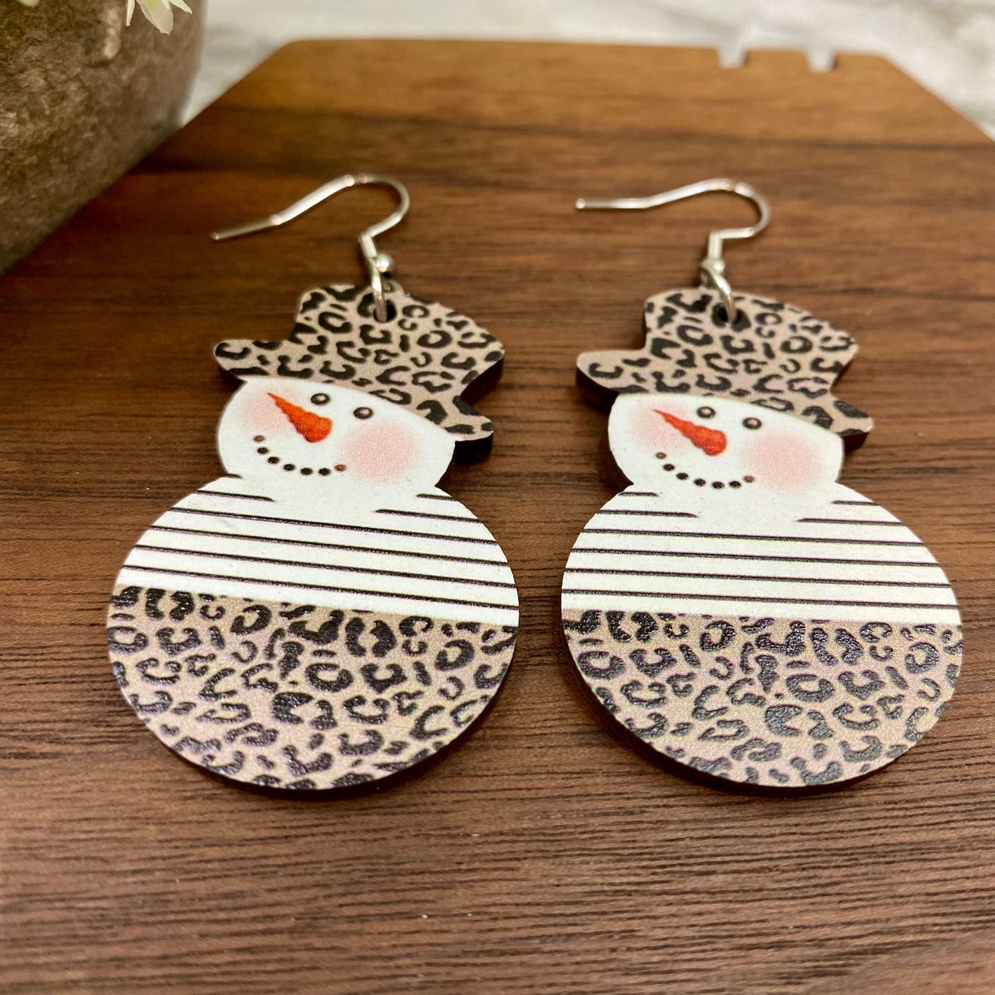 Wooden Dangle Earrings - Christmas - Snowman Animal Print