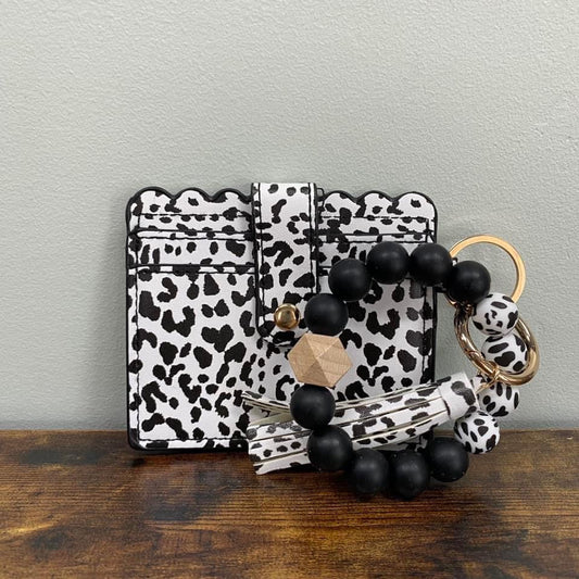 Silicone Bracelet Keychain with Scalloped Card Holder - Black Spots