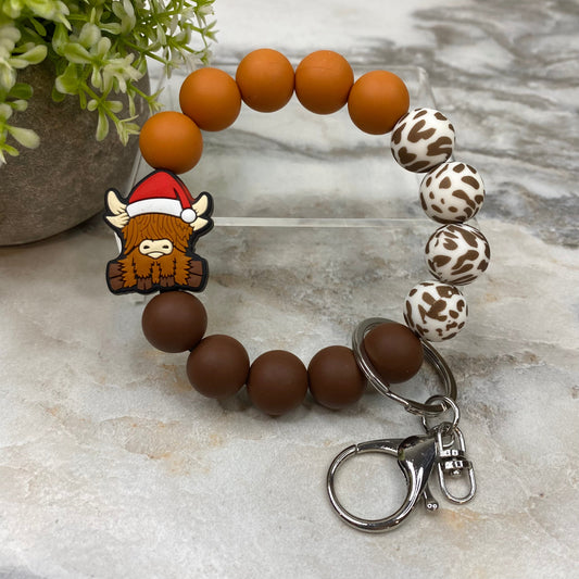 Silicone Bracelet Keychain -  Christmas Brown Highland Cow