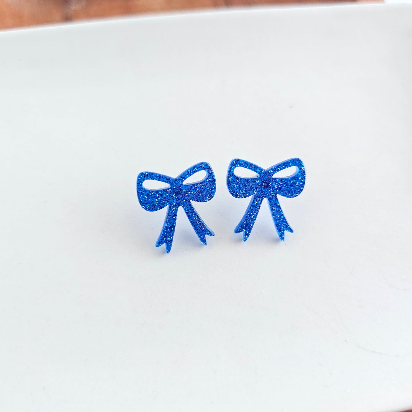 Bow Studs - Blue Glitter