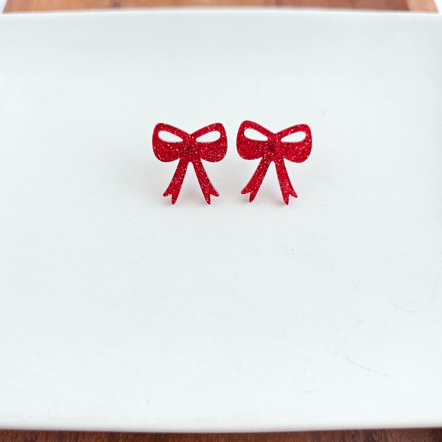 Bow Studs - Red Glitter