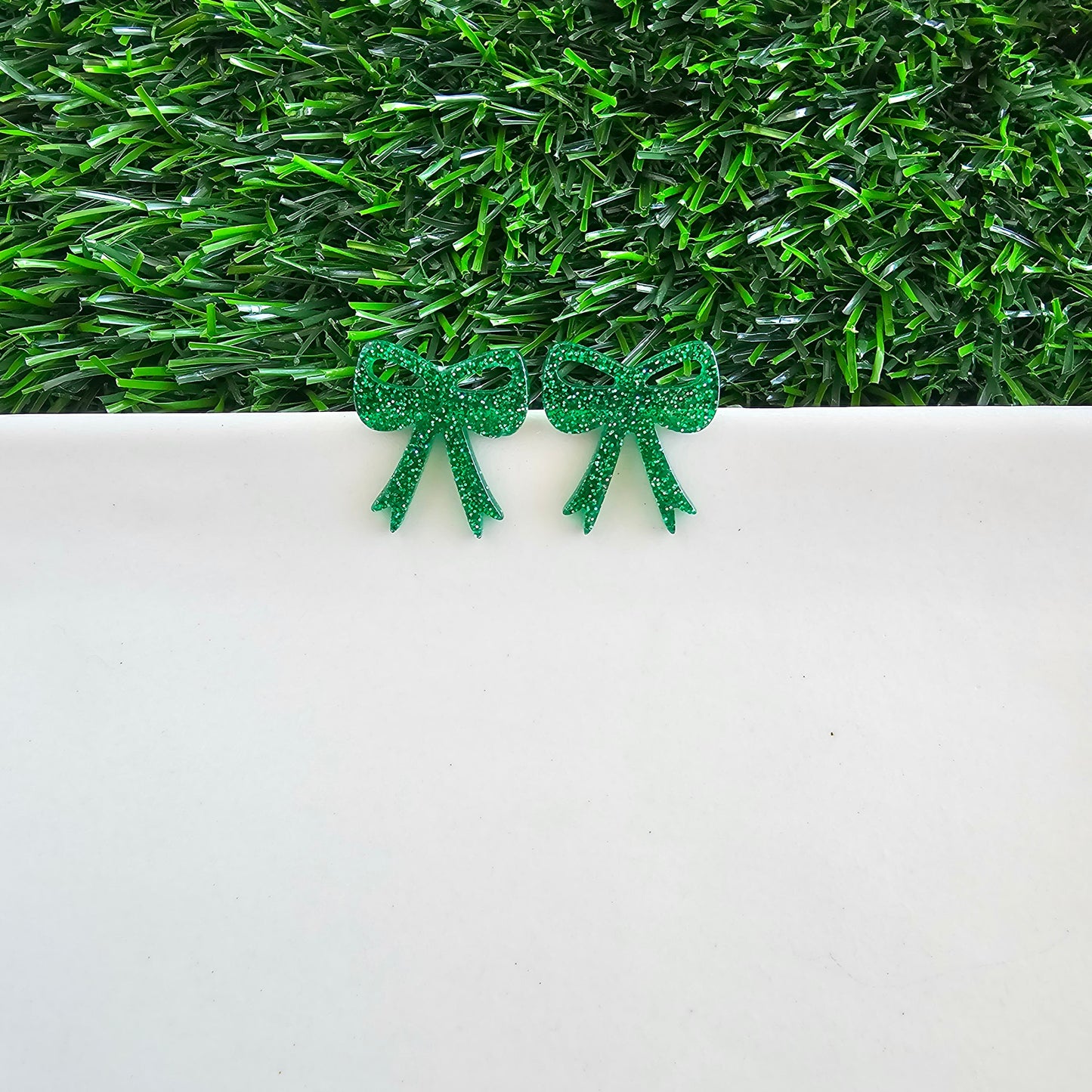 Bow Studs - Green Glitter