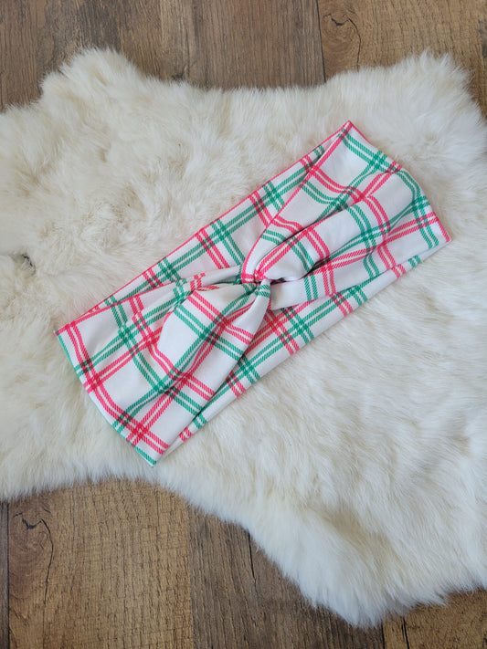 White with green and red plaid stripes