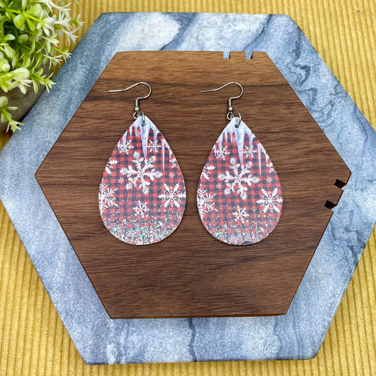 Faux Leather Earrings - Christmas - Plaid Snowflake