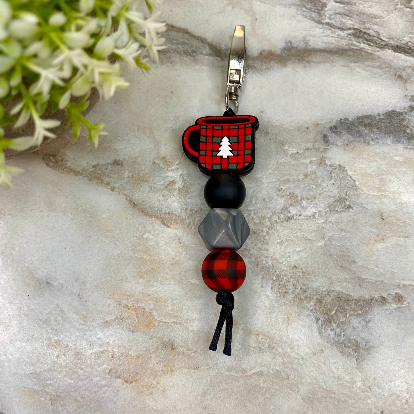 Keychain - Silicone Bead - Red Plaid Coffee Mug