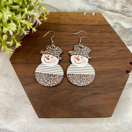 Wooden Dangle Earrings - Christmas - Snowman Animal Print