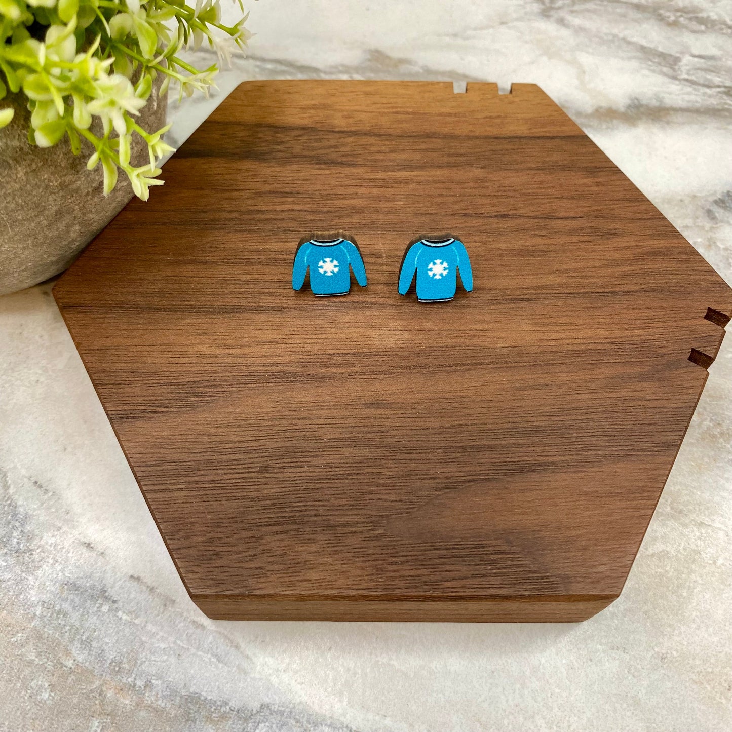 Wooden Stud Earrings - Christmas - Blue Sweater