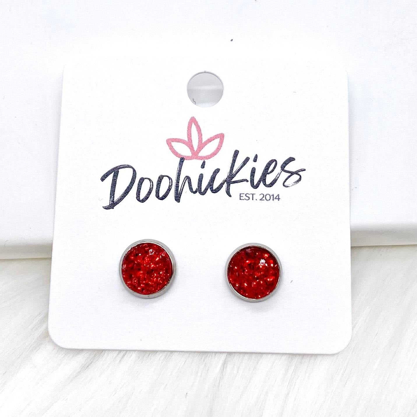 Red Sparkle Singles in Stainless Steel Settings -Earrings