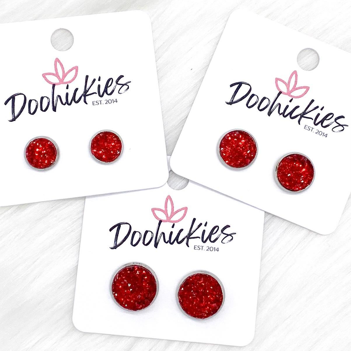 Red Sparkle Singles in Stainless Steel Settings -Earrings