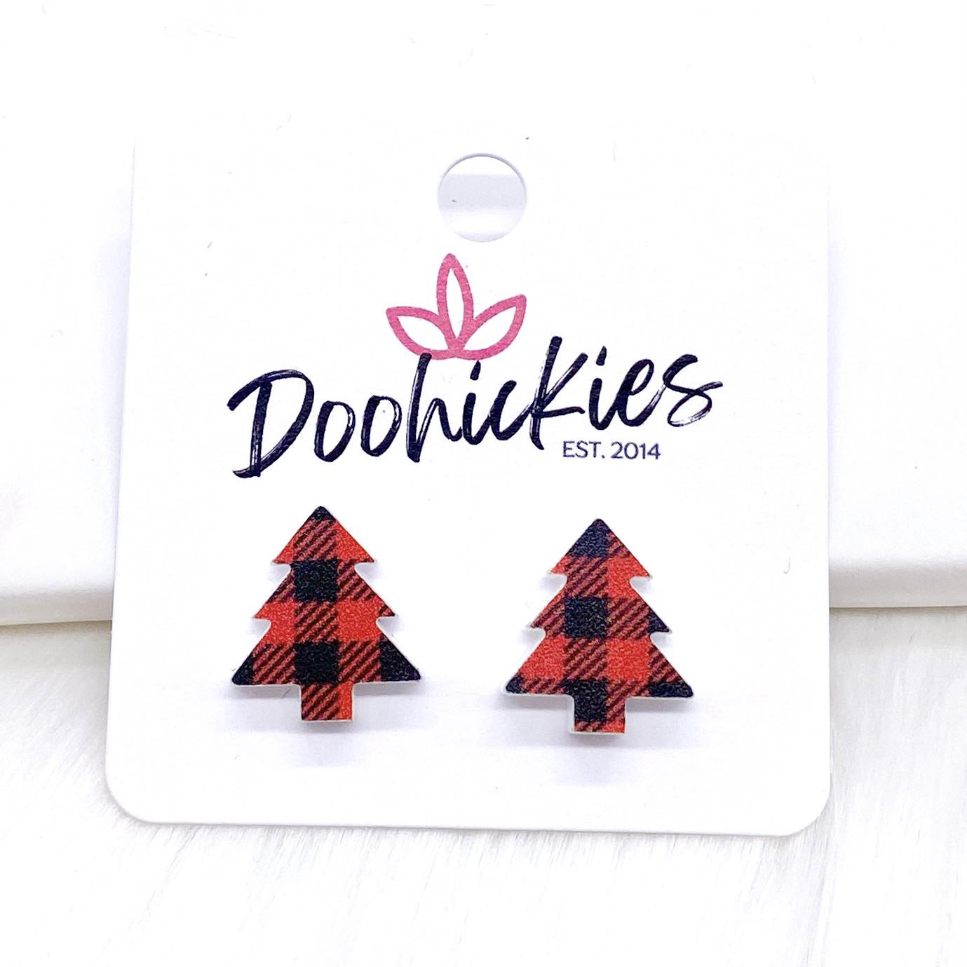 15mm Red Buffalo Plaid Christmas Tree Studs -Earrings