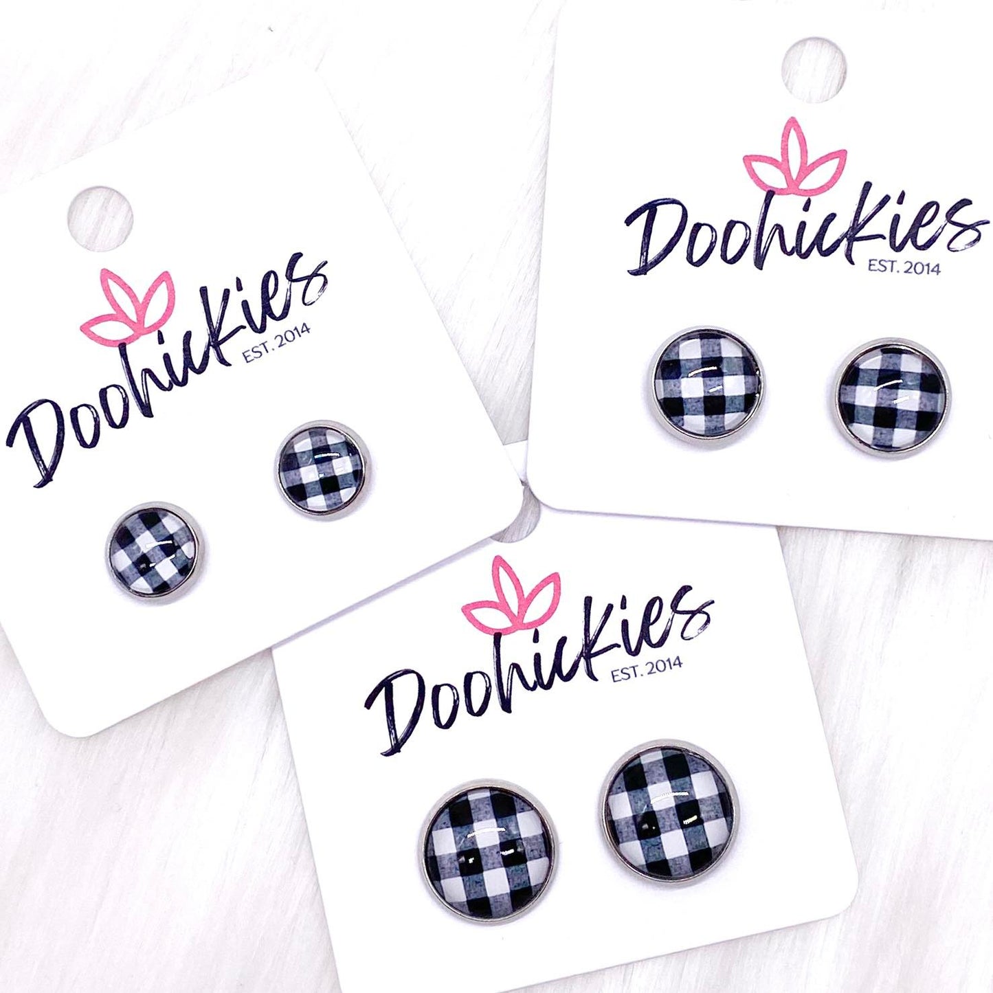 White Buffalo Plaid in Stainless Steel Settings -Earrings