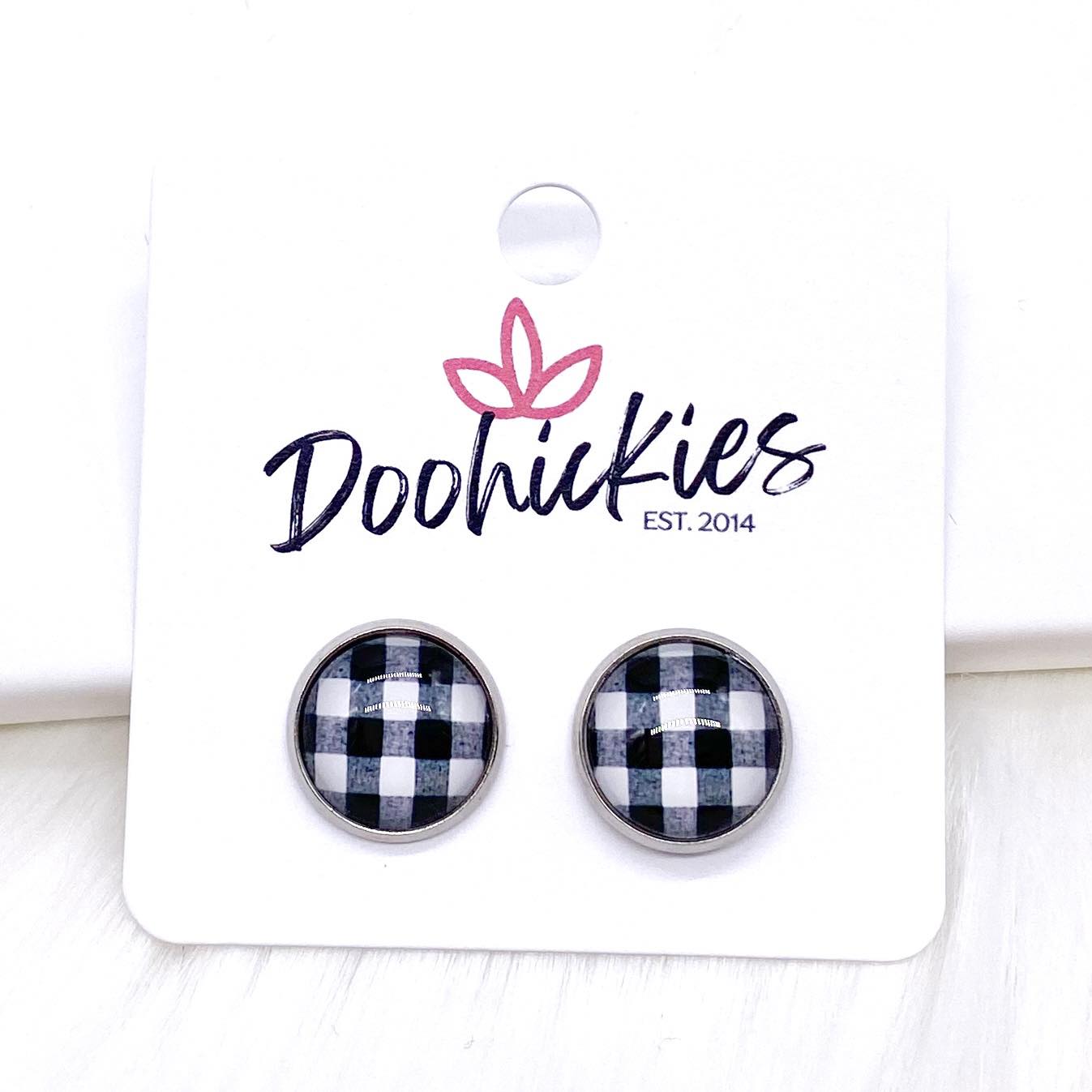 White Buffalo Plaid in Stainless Steel Settings -Earrings