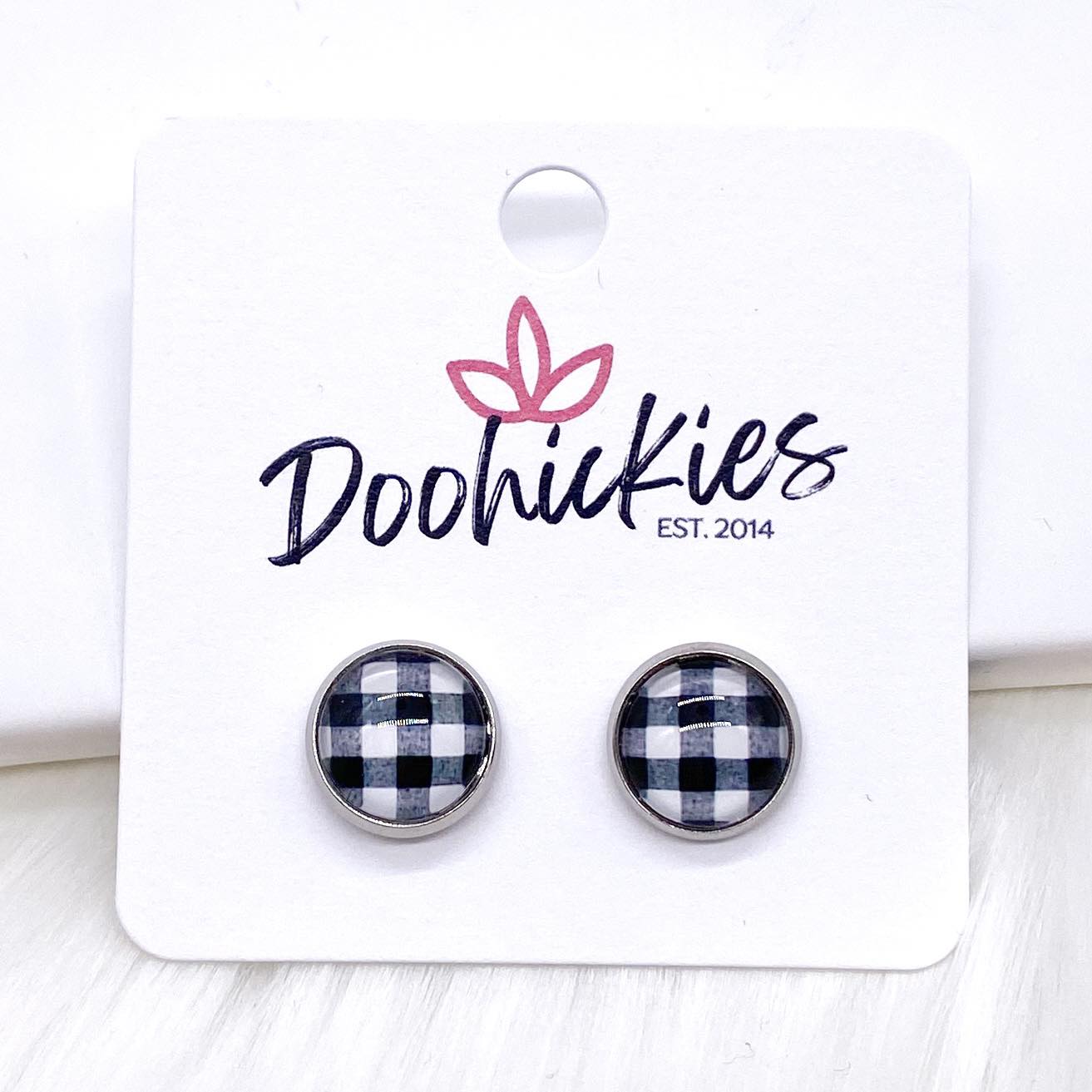 White Buffalo Plaid in Stainless Steel Settings -Earrings