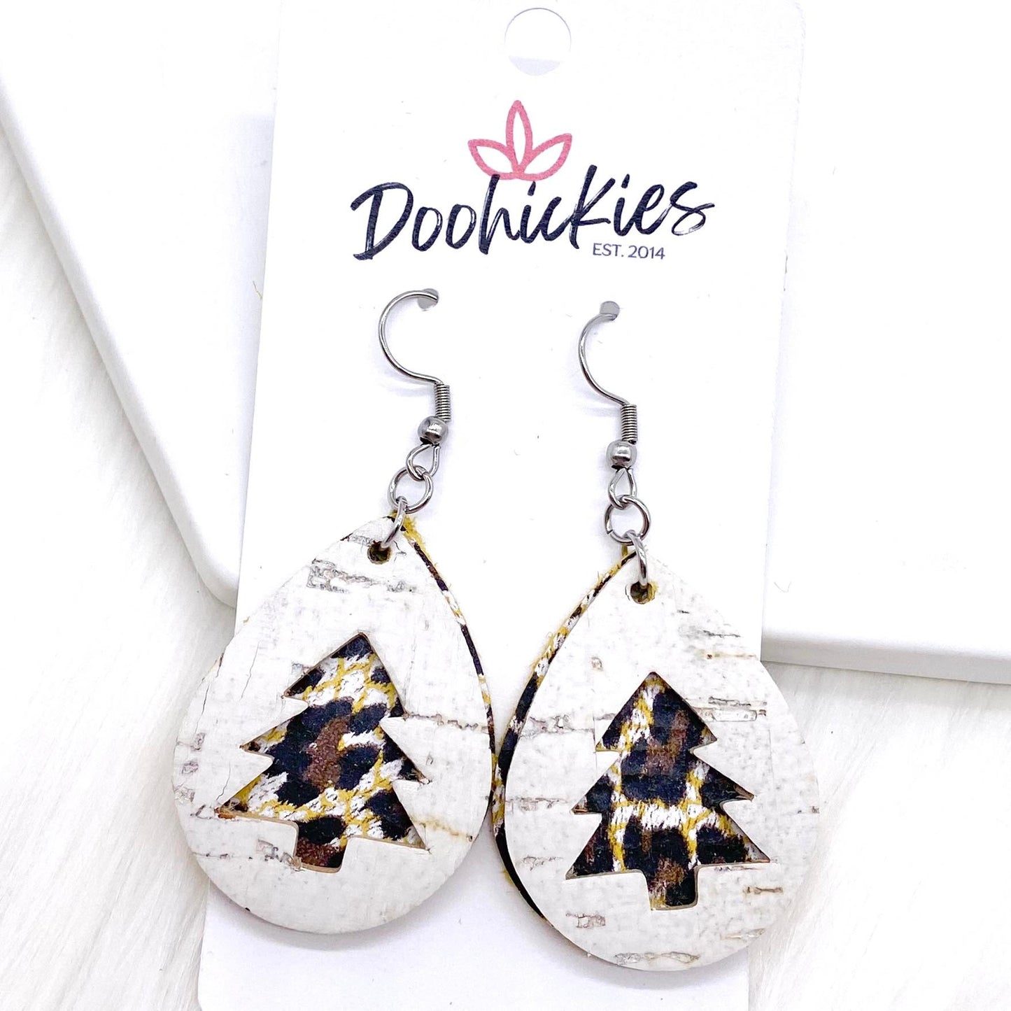 1.5" White & Chocolate Leopard Tree Layered Teardrops -Earrings