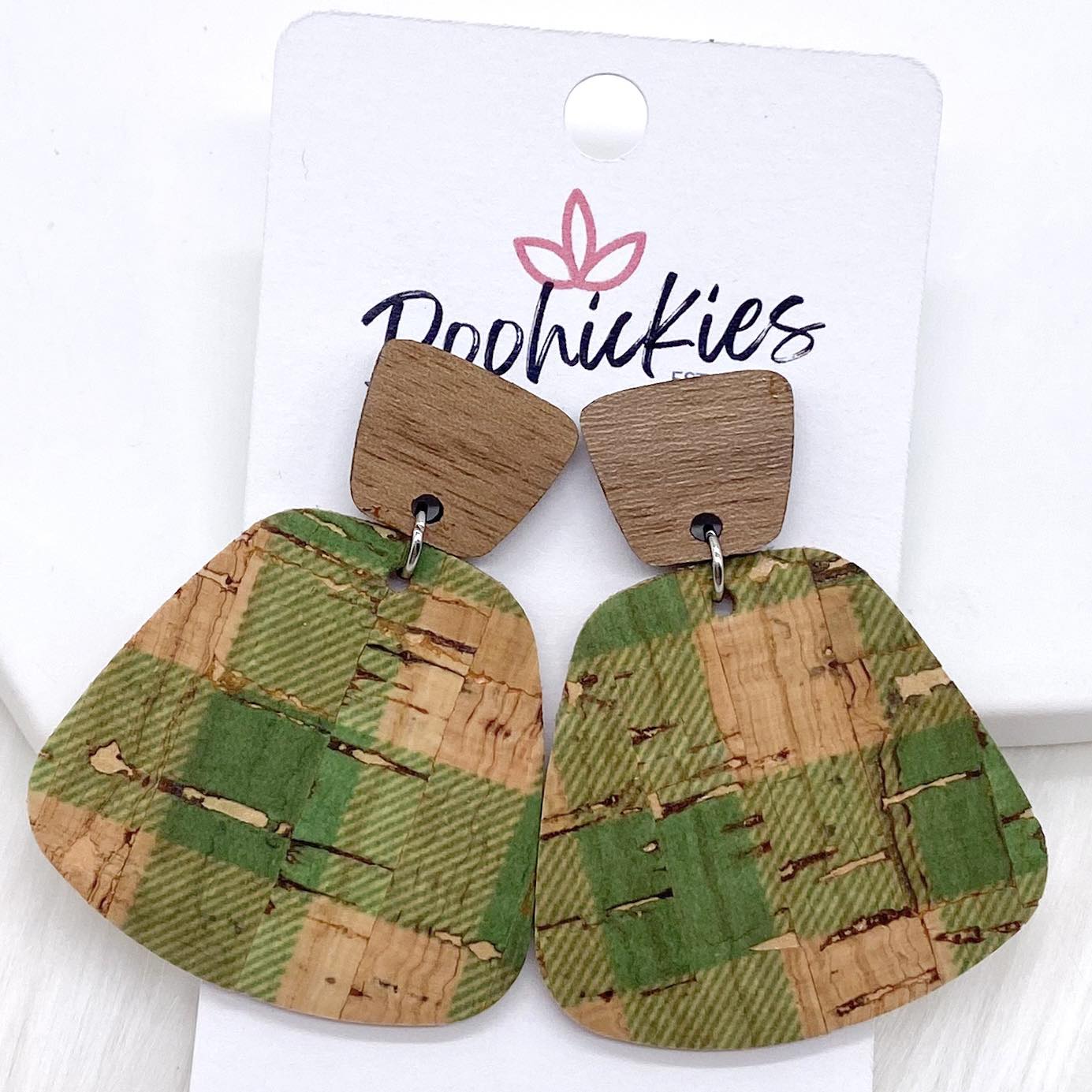 2" Walnut Wood & Green Buffalo Plaid Jasmine Dangle Corkies -Earrings