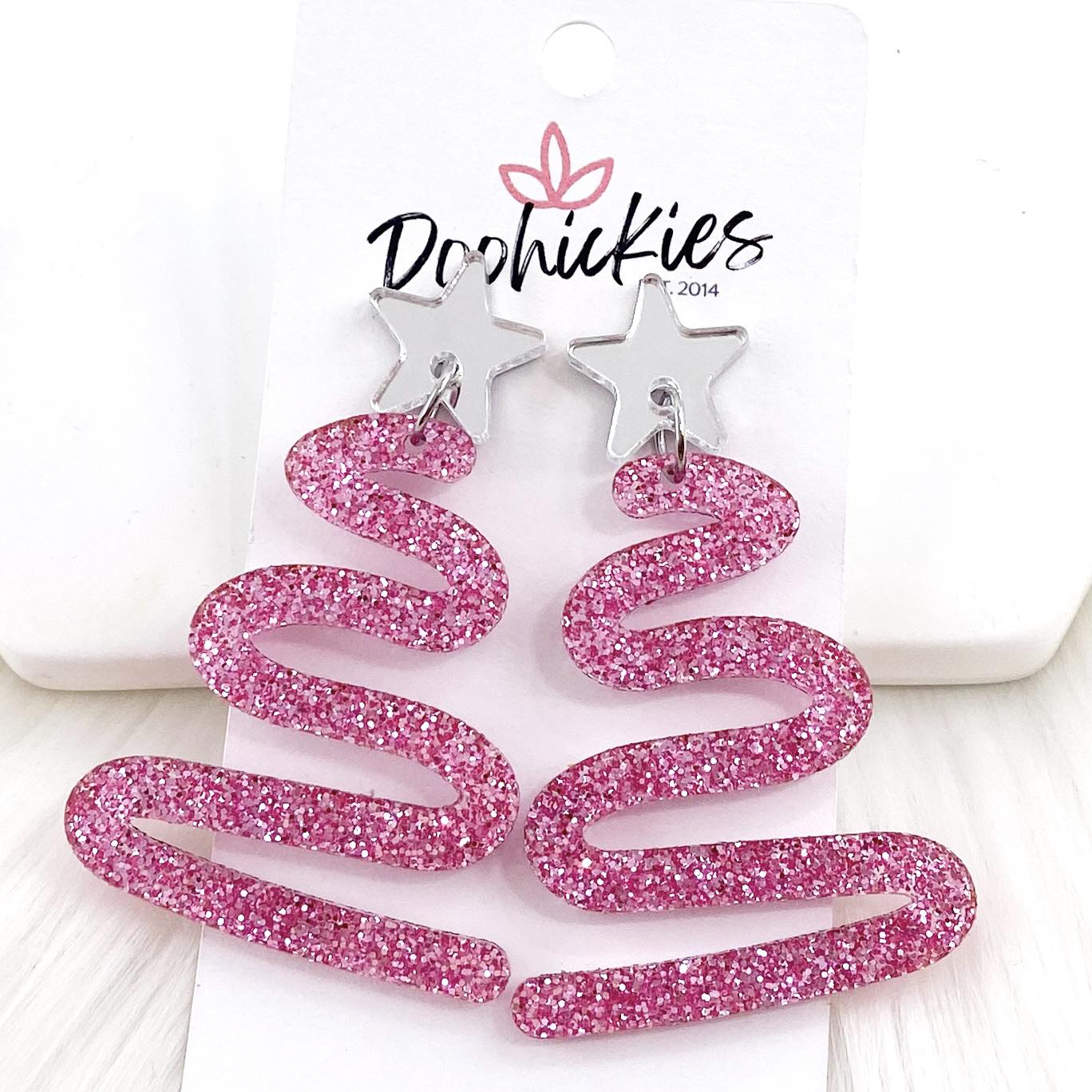 2.5" Pink Glitter Curvy Tree Dangles - Christmas Acrylic Earrings