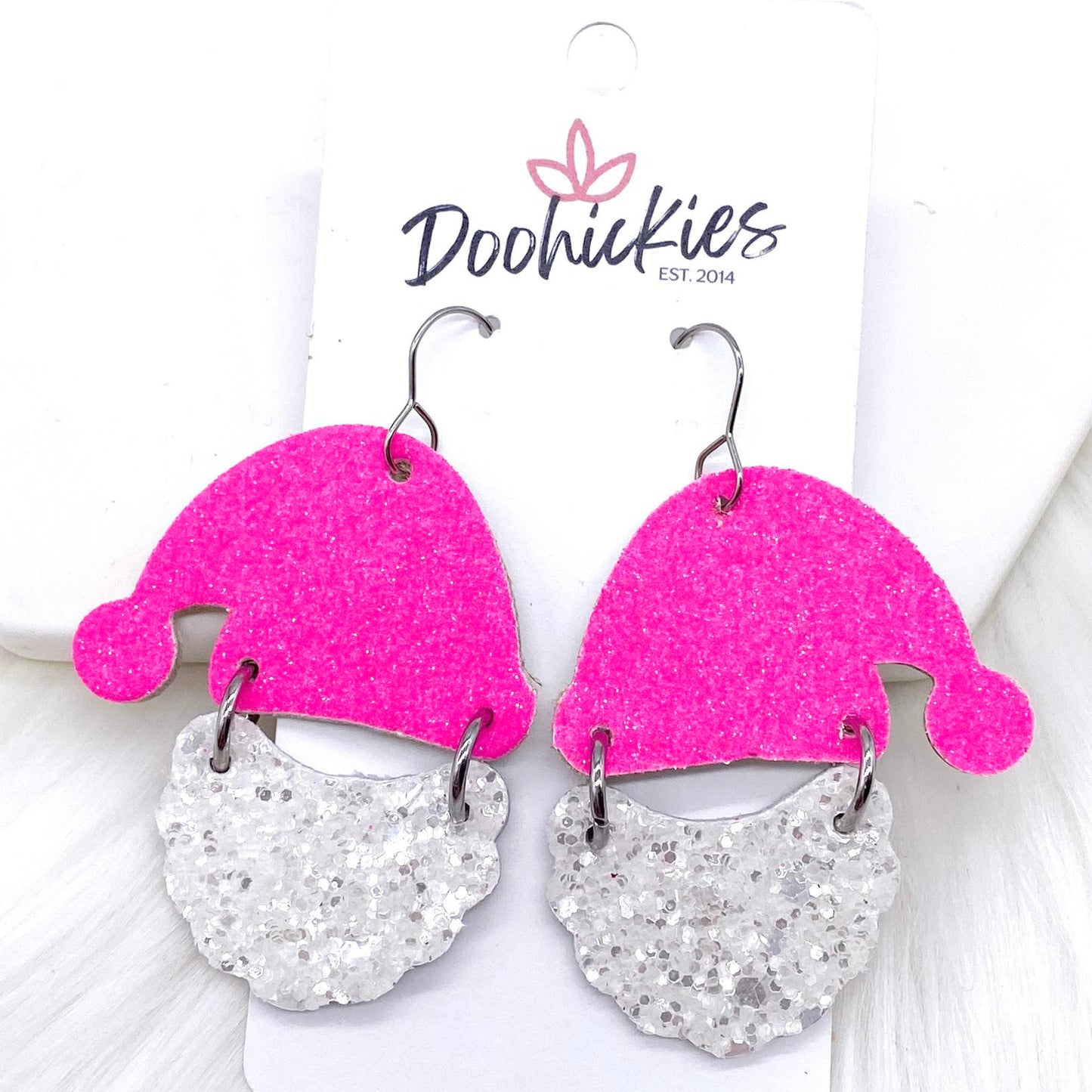 2" Hot Pink Glitter Santas - Christmas Earrings