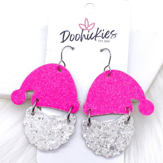 2" Hot Pink Glitter Santas - Christmas Earrings