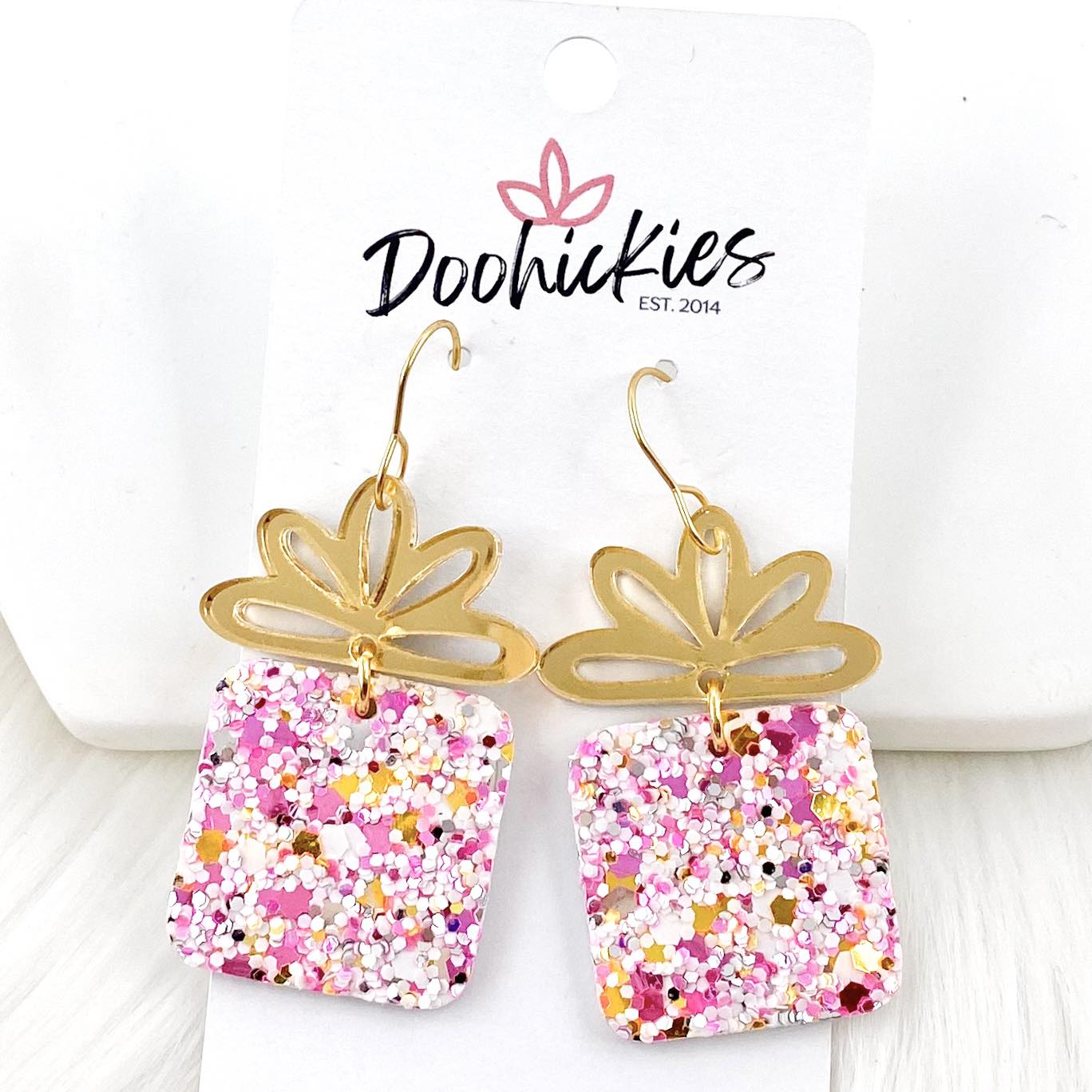 2" Gold Mirror Bow & Cotton Candy Glitter Presents - Christmas Earrings