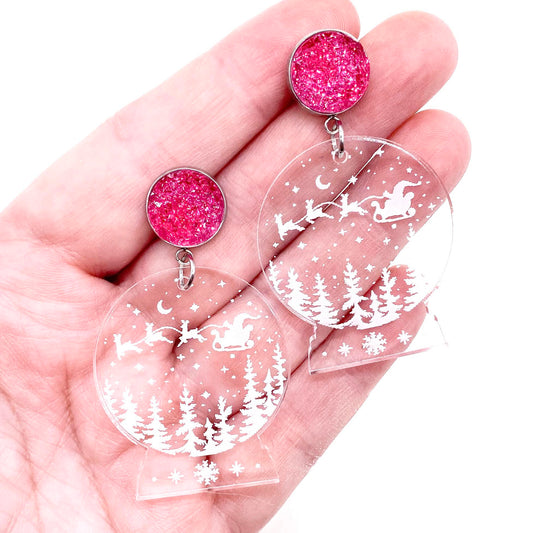 2" Hot Pink Crystals & Snow Globe Dangles - Christmas Earrings