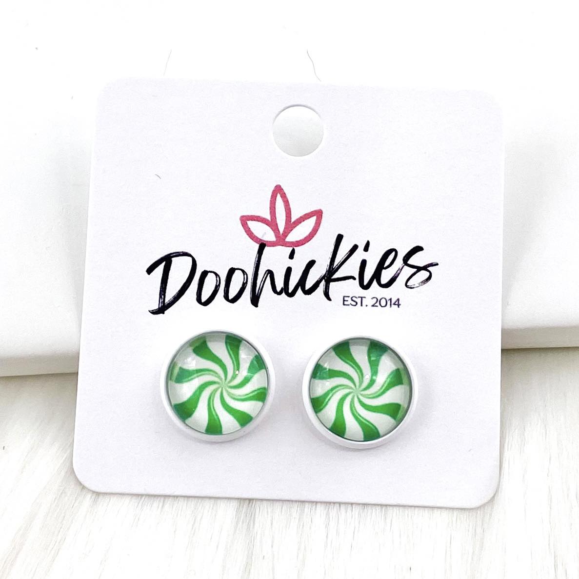 12mm Peppermint Singles in White Settings -Christmas Studs