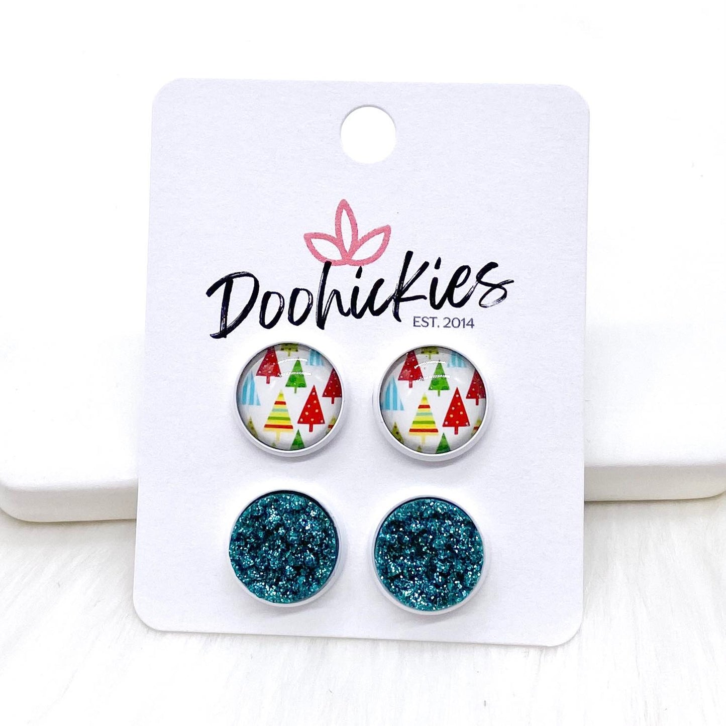 12mm Festive Trees & Teal Glitter in White Settings -Christmas Studs