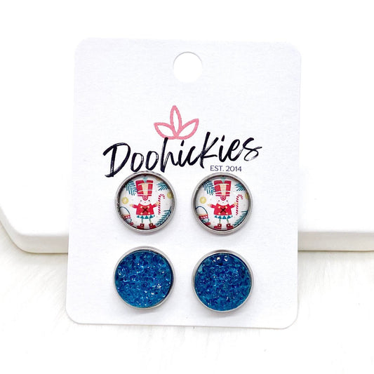 12mm Nutcracker & Teal Sparkles in Stainless Steel Settings -Christmas Studs