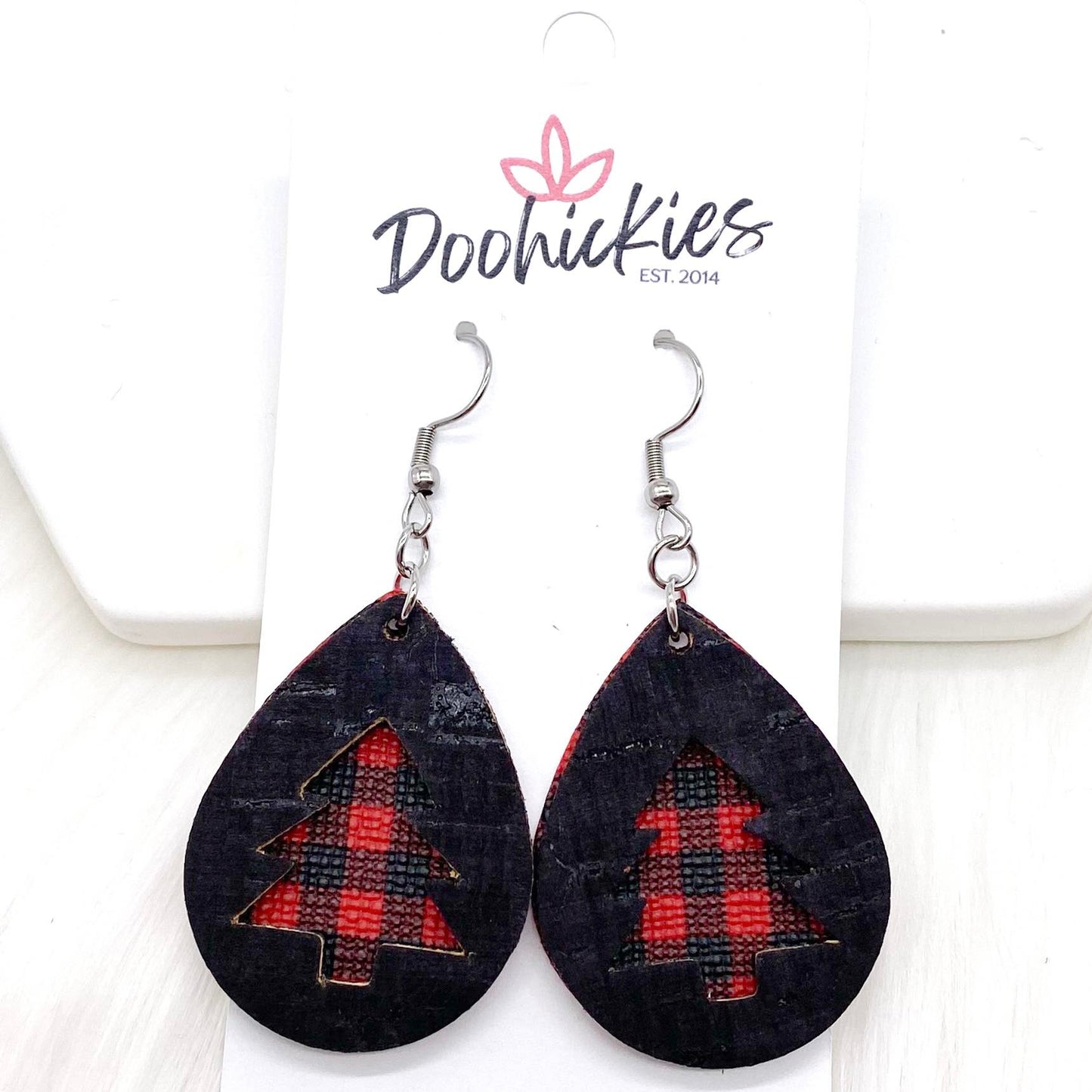 1.5" Black & Red Buffalo Plaid Layered Trees -Christmas Earrings