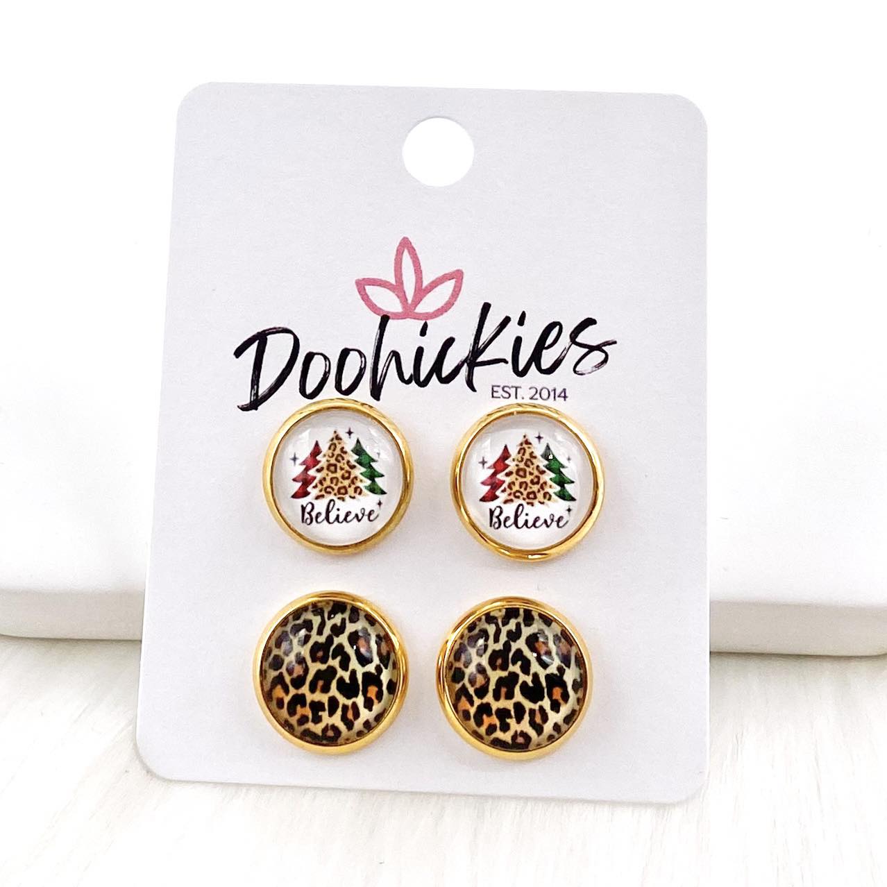 12mm Believe & Golden Leopard in Gold Settings -Christmas Studs