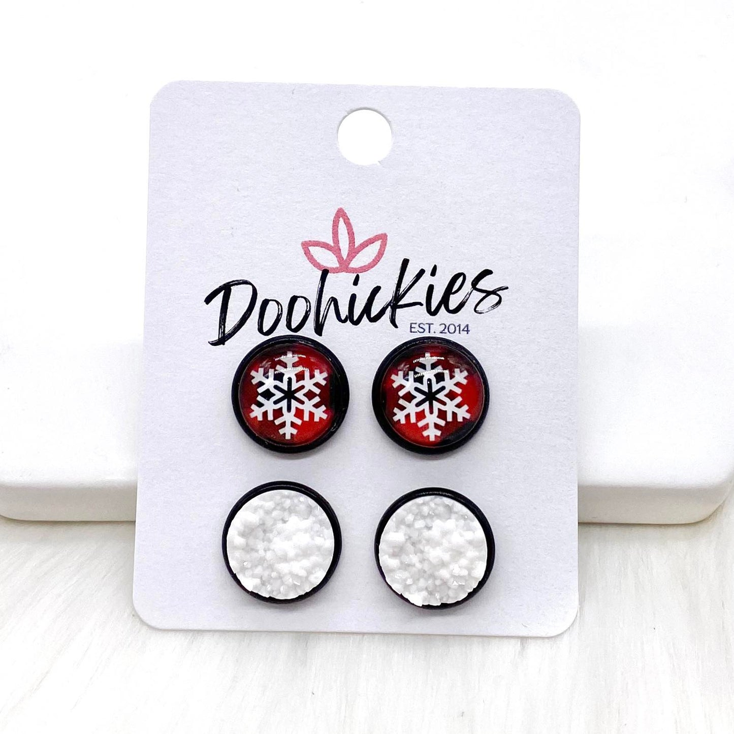 12mm Plaid Snowflakes & White in Black Settings -Christmas Studs