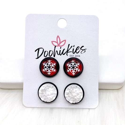 12mm Plaid Snowflakes & White in Black Settings -Christmas Studs