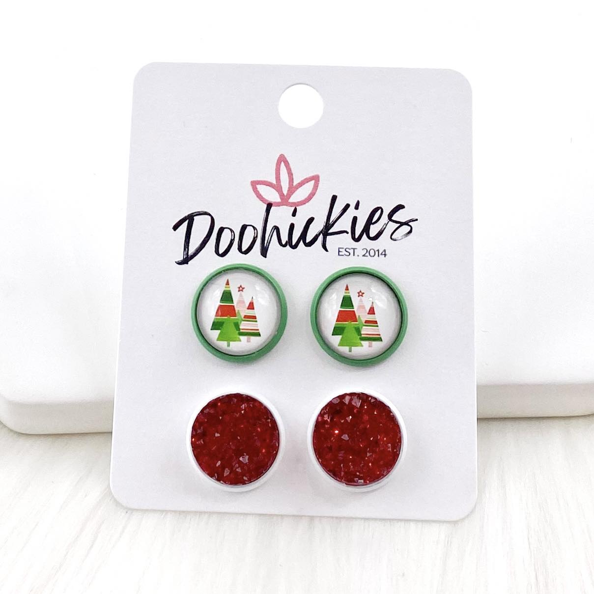 12mm Decorated Christmas Trees & Red Sparkles in Green/White Settings -Christmas Earrings