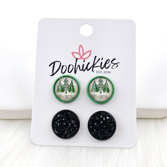 12mm Green Merry Christmas Trees & Black in Green/Black Settings -Christmas Studs