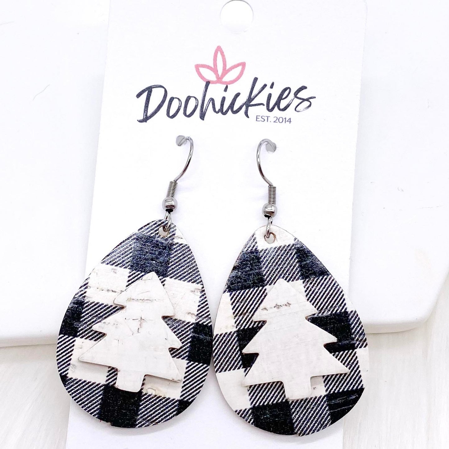 1.5" White Buffalo Plaid 3-D Tree Teardrops -Christmas Earrings