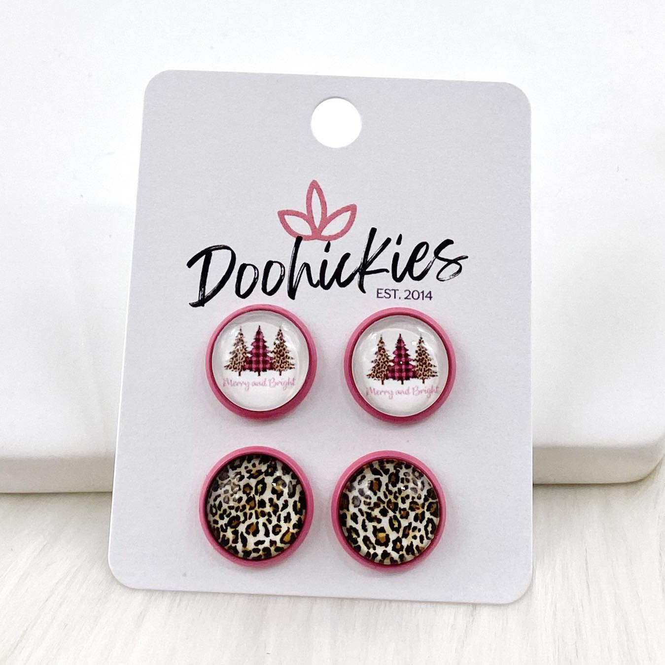 12mm Merry & Bright Trees & Tan Leopard in Pink Settings -Christmas Studs