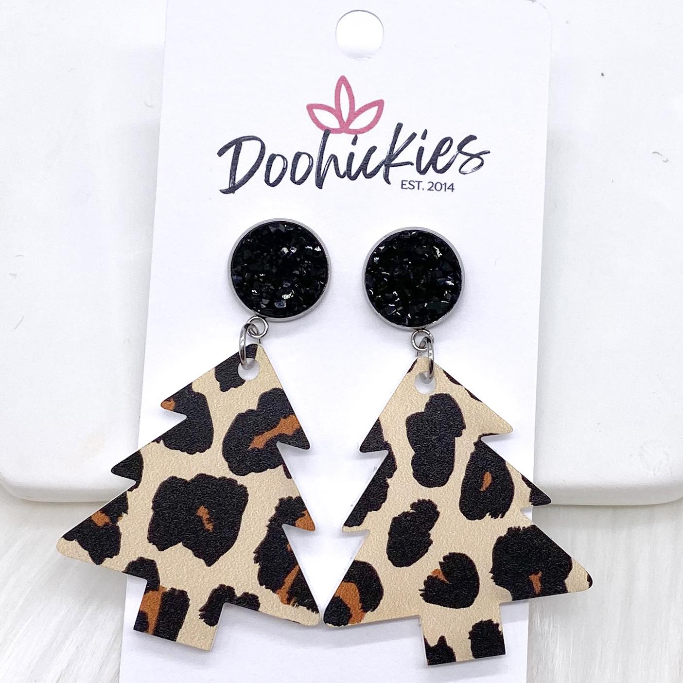 2" Black & New Leopard Acrylic Tree Dangles -Christmas Earrings