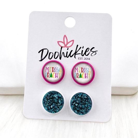 12mm Merry & Bright & Teal Glitter in Magenta/White Settings -Christmas Earrings