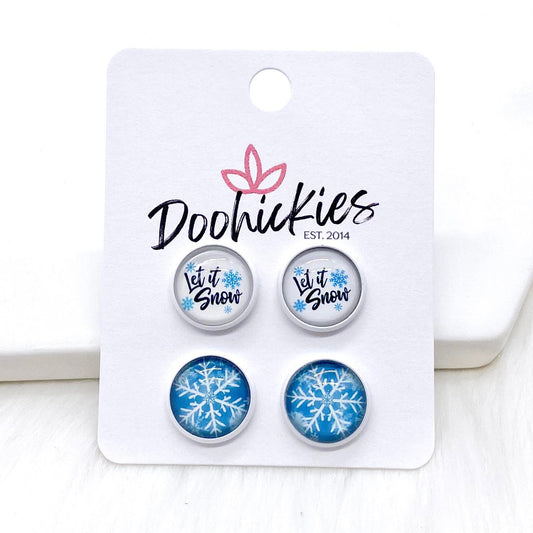 12mm Let It Snow & Snowflakes in White Settings - Christmas Studs