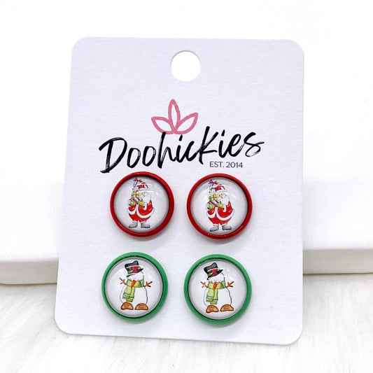 12mm Santa & Frosty in Red/Green Settings -Christmas Earrings