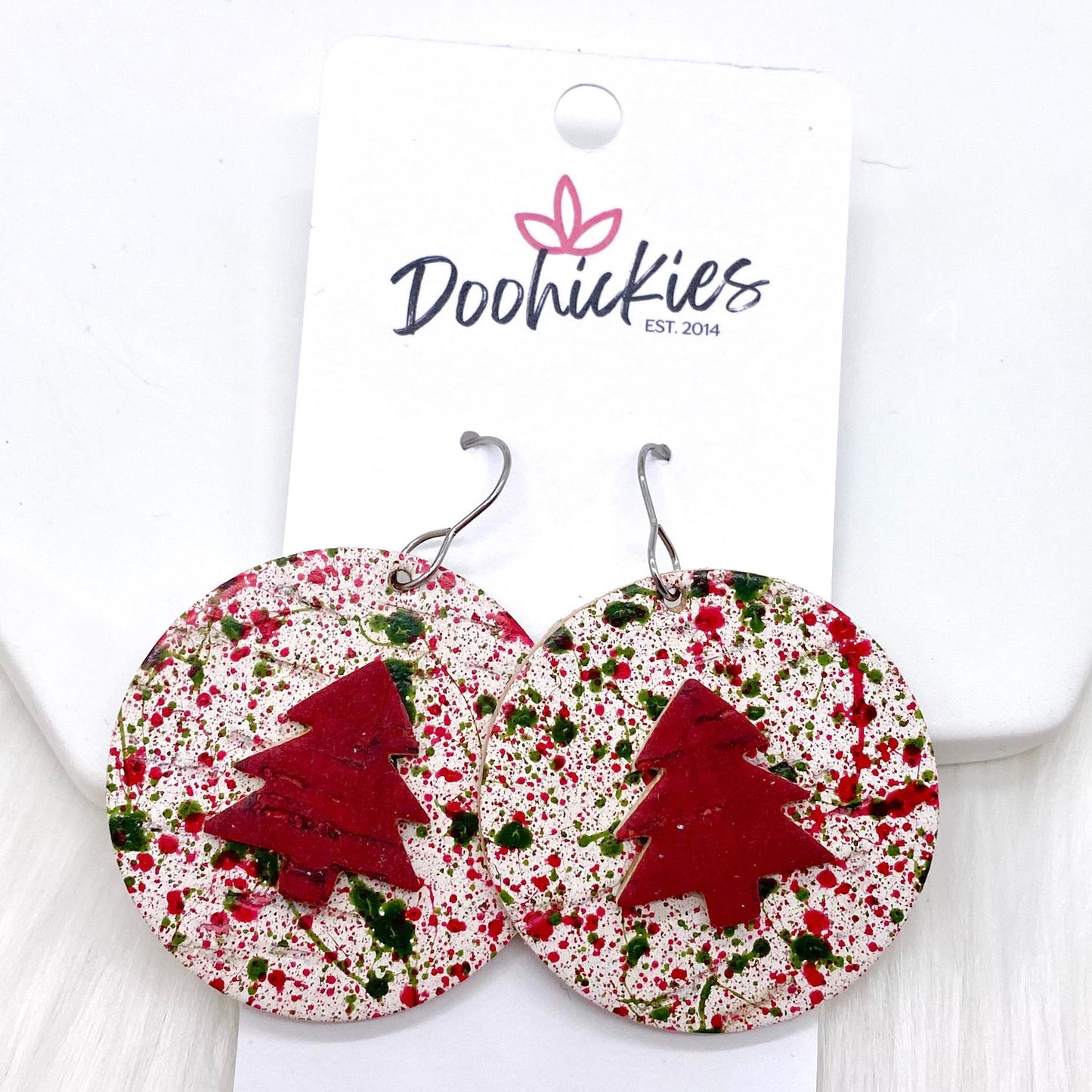 1.5" 3-D Trees on Paint Splatter -Christmas Earrings