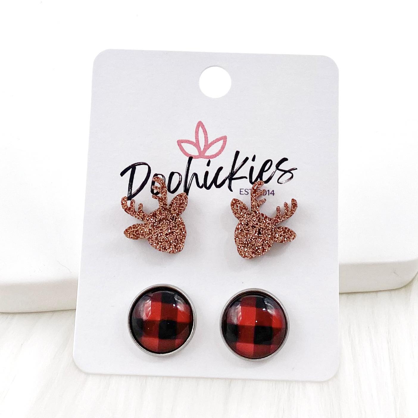 12mm Reindeer & Red Buffalo Plaid in Stainless Steel Settings -Christmas Studs