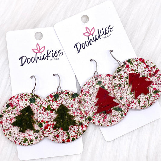 1.5" 3-D Trees on Paint Splatter -Christmas Earrings