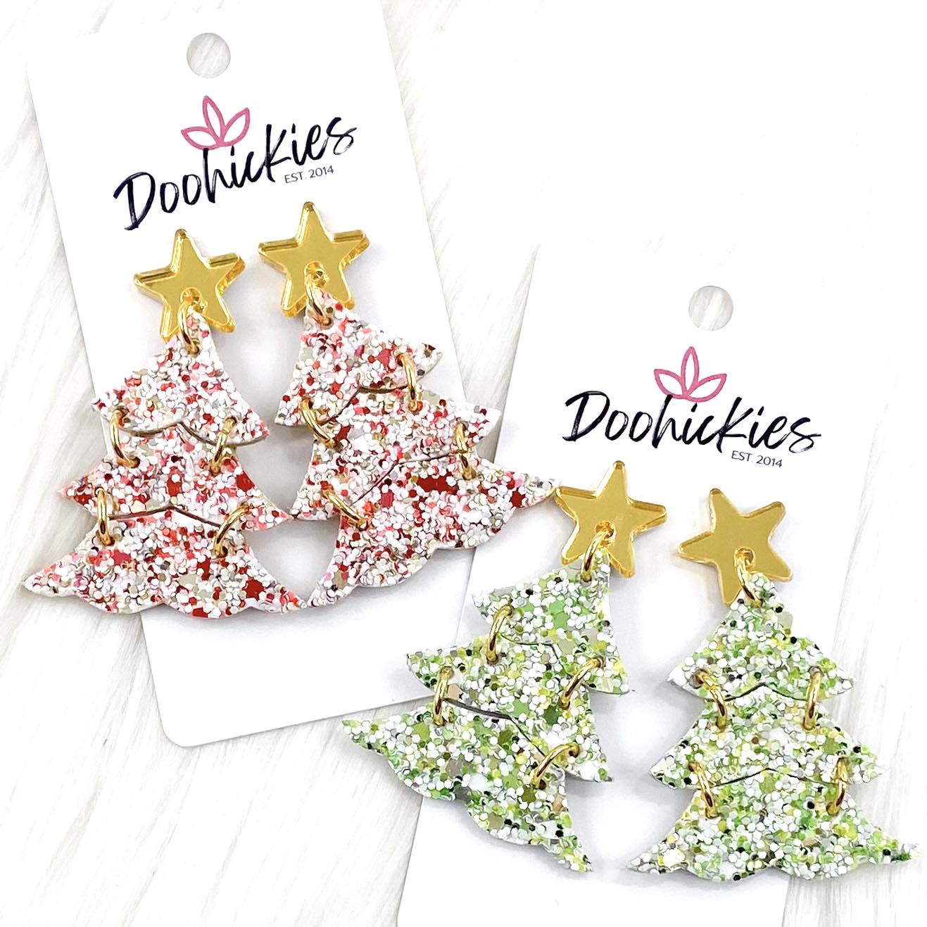 2.5" Festive Glitter Layered Trees - Christmas Earrings