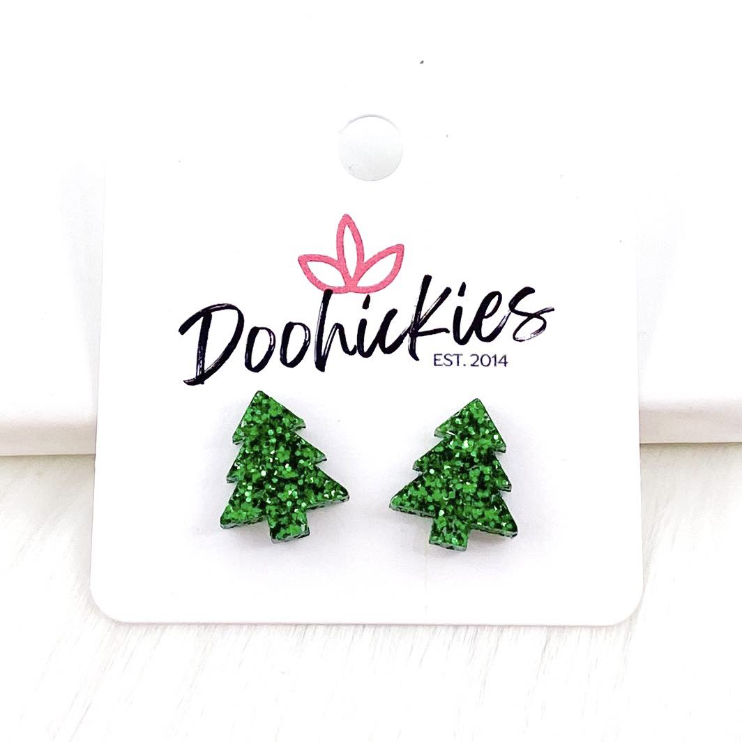 15mm Evergreen Glitter Christmas Tree Studs -Earrings