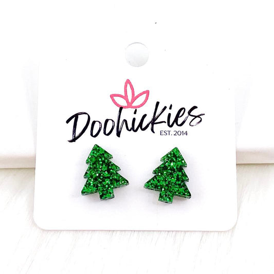 15mm Evergreen Glitter Christmas Tree Studs -Earrings