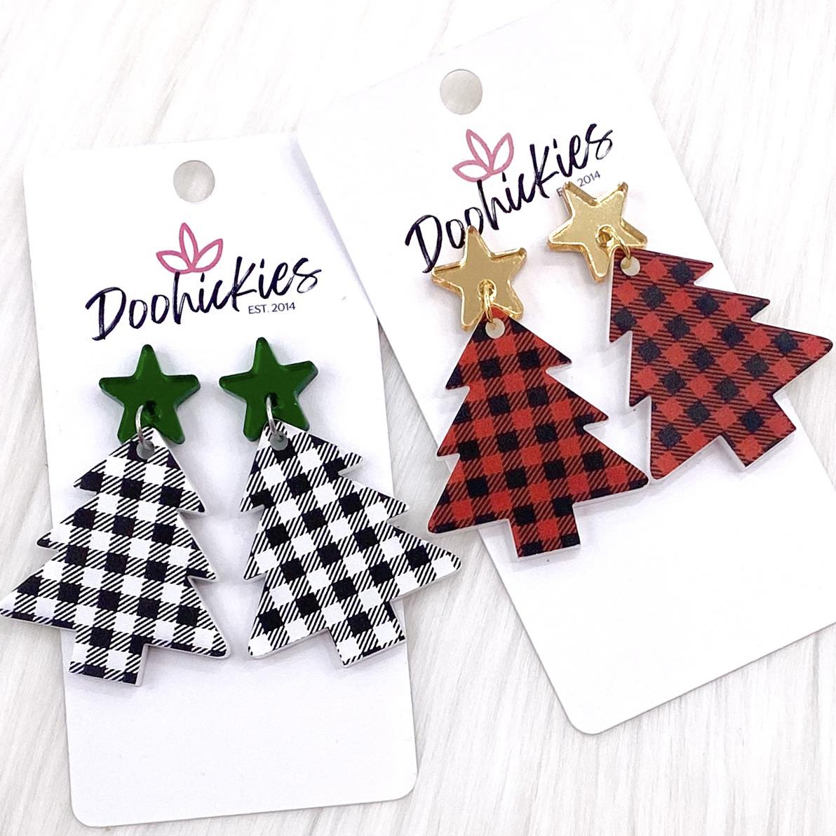 2" Plaid Tree Acrylic Dangles -Christmas Earrings