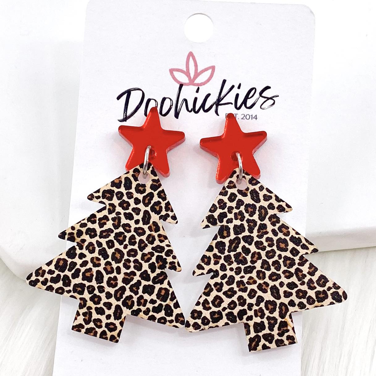 2" Red Star & Leopard Acrylic Tree Dangles -Christmas Earrings