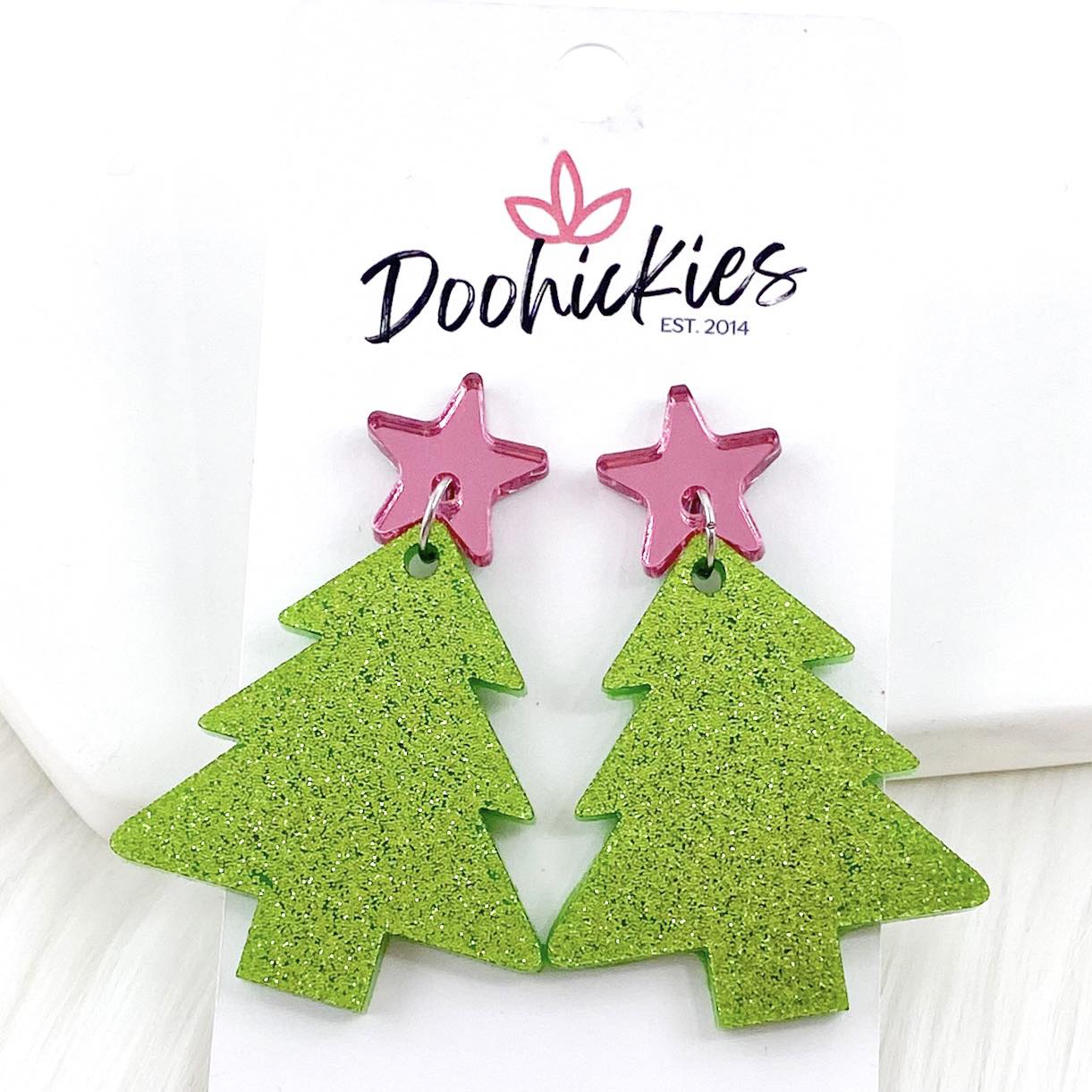 2" Pink Star & Glittery Green Tree Dangles - Christmas Acrylics